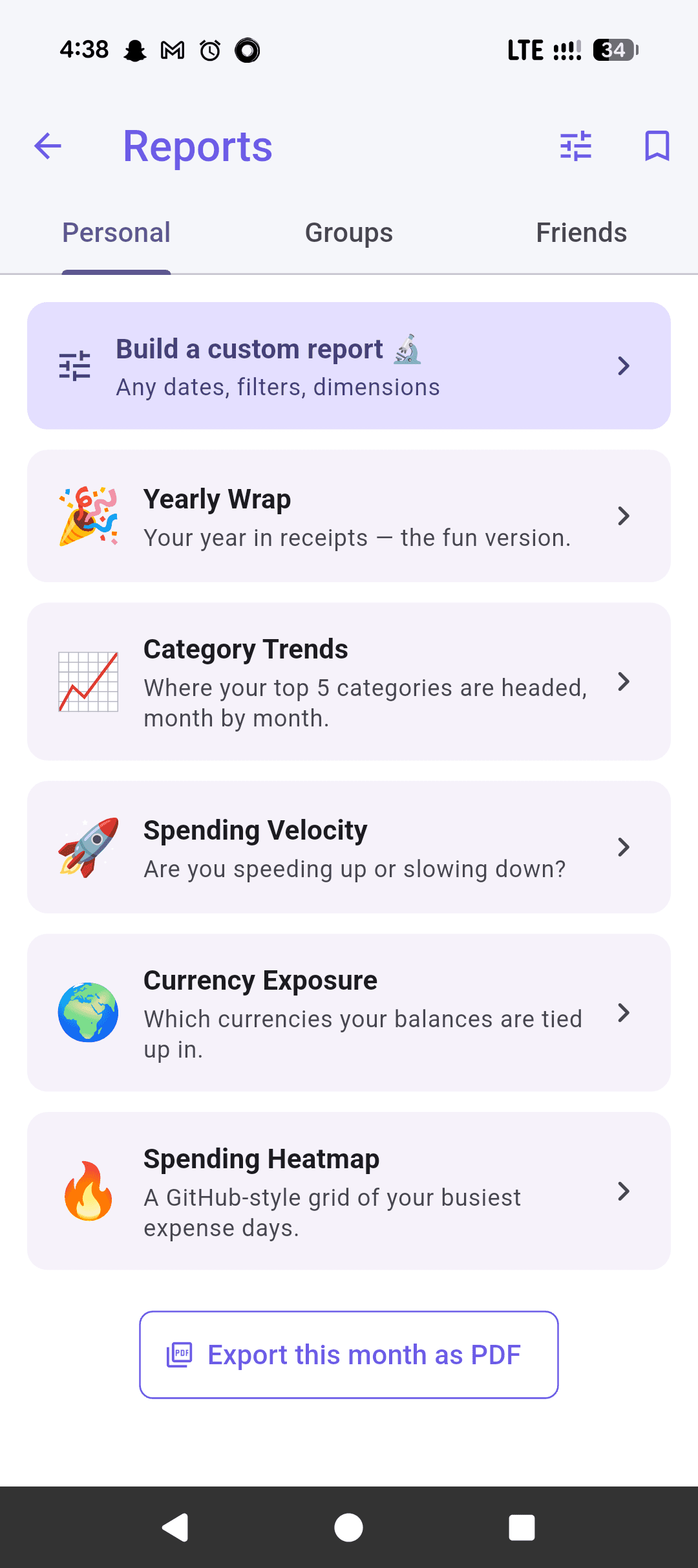 ccount reports hub showing Yearly Wrap, category trends, and a PDF export button