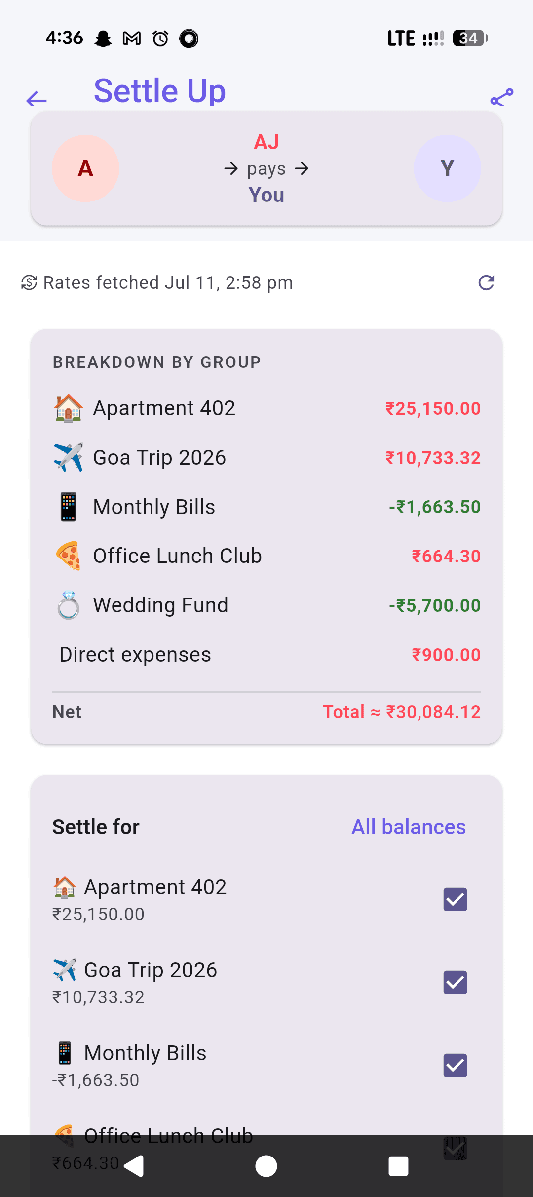 Settle Up breakdown across every group shared with a friend, before picking what to pay